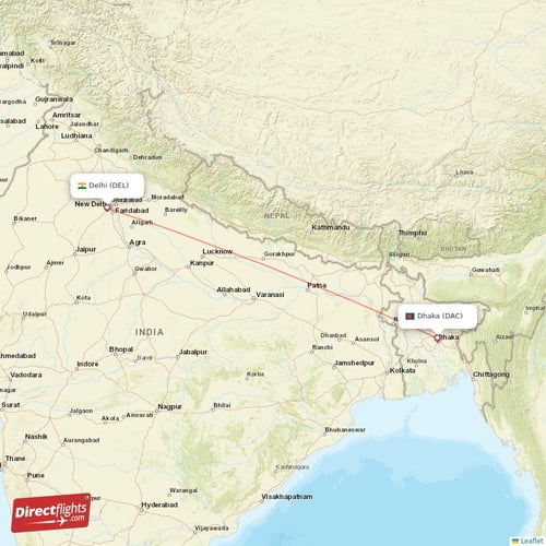Dhaka - Delhi direct flight map