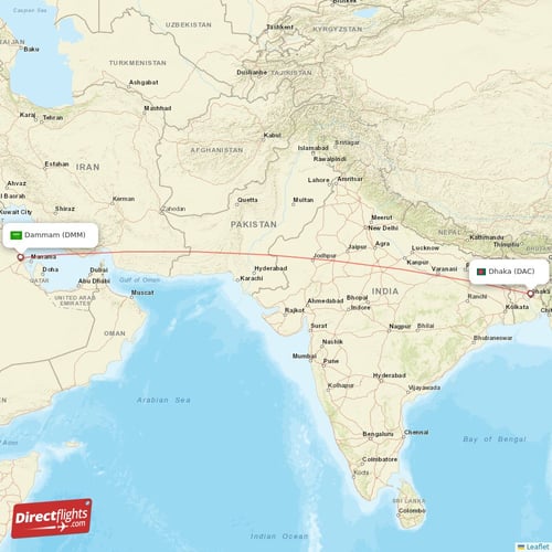 Dhaka - Dammam direct flight map