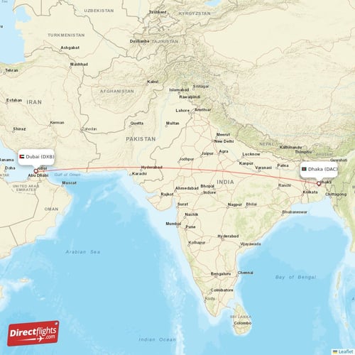 Dhaka - Dubai direct flight map