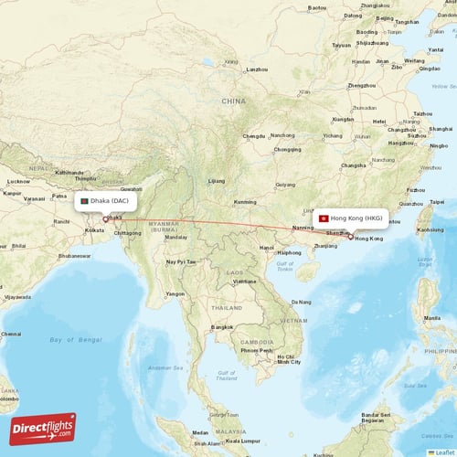 Dhaka - Hong Kong direct flight map