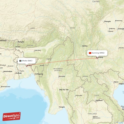 Dhaka - Kunming direct flight map