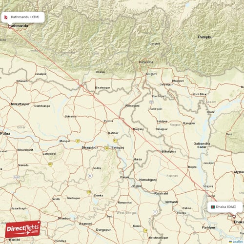 Dhaka - Kathmandu direct flight map