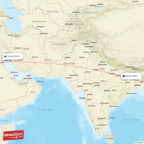 Dhaka - Kuwait direct flight map