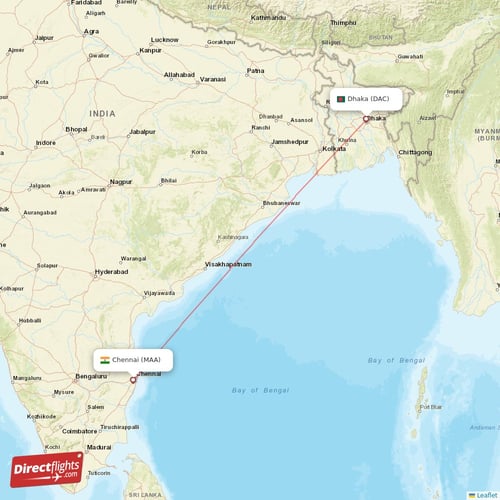 Dhaka - Chennai direct flight map