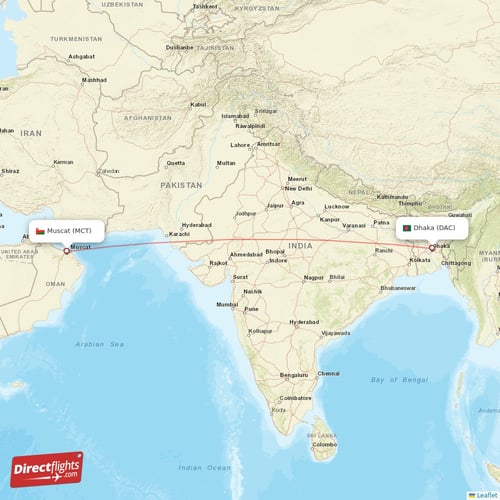 Dhaka - Muscat direct flight map