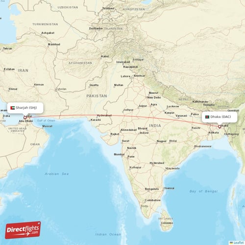Dhaka - Sharjah direct flight map
