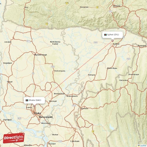Dhaka - Sylhet direct flight map