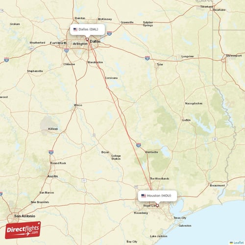 Dallas - Houston direct flight map