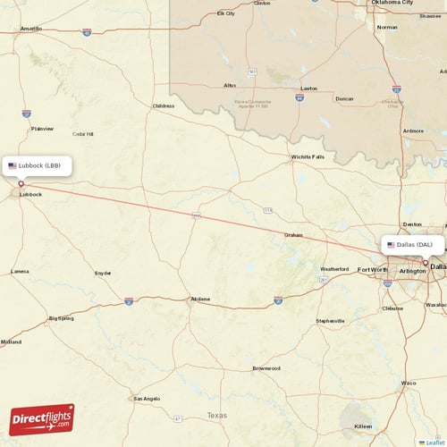Dallas - Lubbock direct flight map