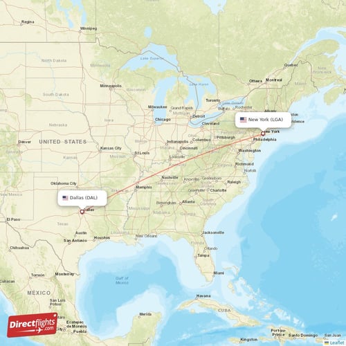 Dallas - New York direct flight map