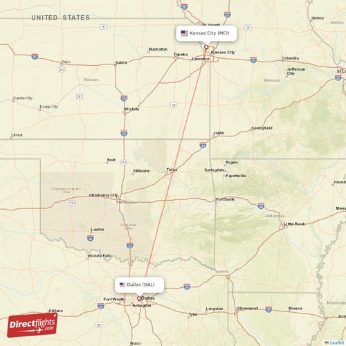 Dallas - Kansas City direct flight map
