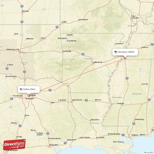 Dallas - Memphis direct flight map