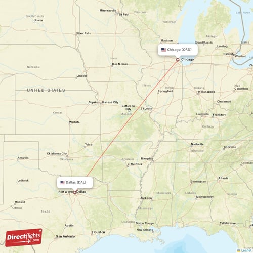 Dallas - Chicago direct flight map