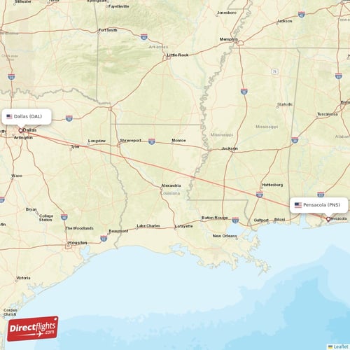 Dallas - Pensacola direct flight map
