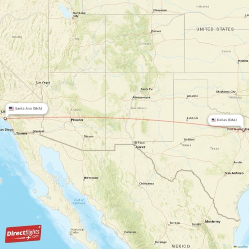 Dallas - Santa Ana direct flight map