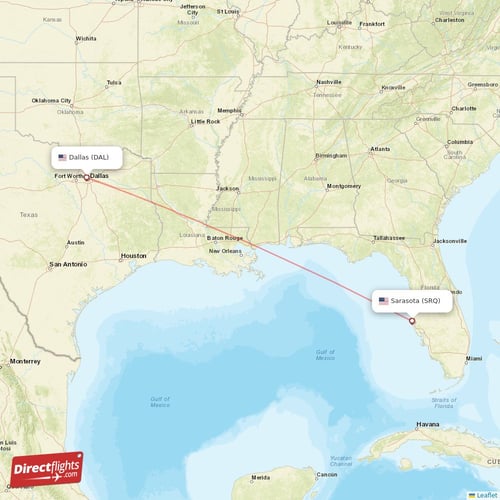 Dallas - Sarasota direct flight map
