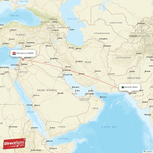 Damascus - Karachi direct flight map