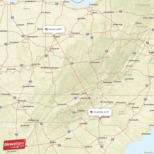 Dayton - Charlotte direct flight map