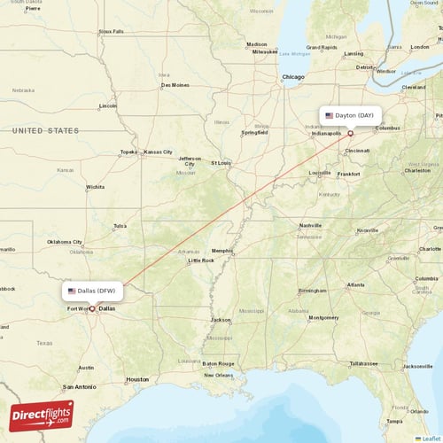 Dayton - Dallas direct flight map
