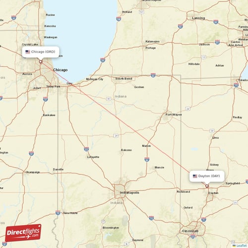 Dayton - Chicago direct flight map