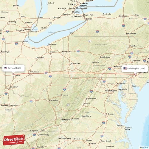 Dayton - Philadelphia direct flight map