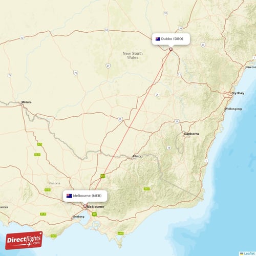 Dubbo - Melbourne direct flight map