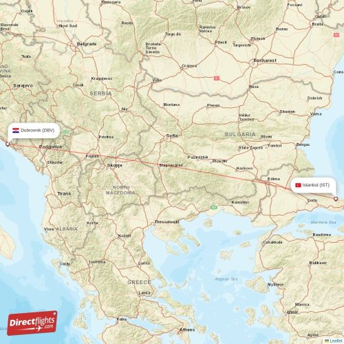 Dubrovnik - Istanbul direct flight map