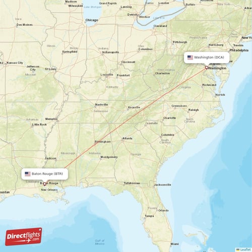 Washington - Baton Rouge direct flight map