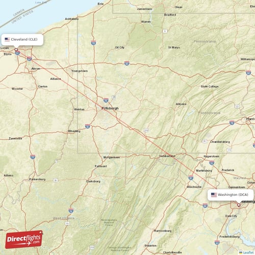 Washington - Cleveland direct flight map