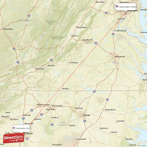 Washington - Charlotte direct flight map
