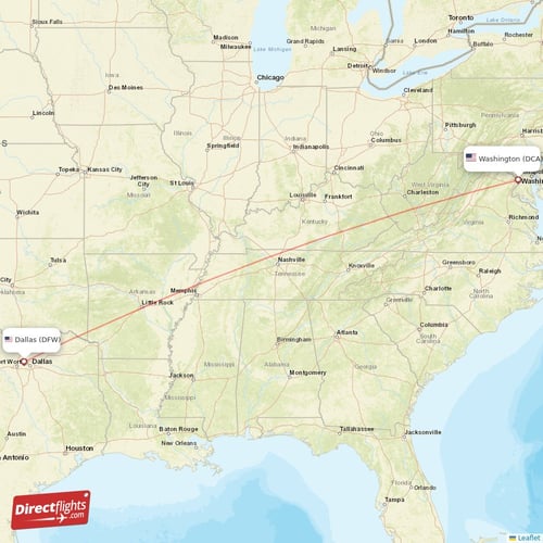 Washington - Dallas direct flight map