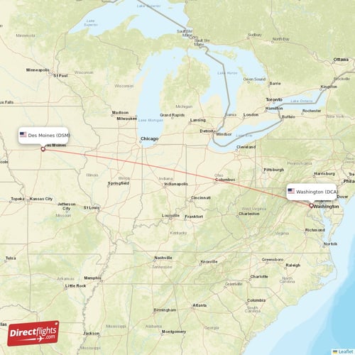 Washington - Des Moines direct flight map