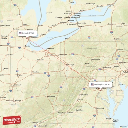 Washington - Detroit direct flight map