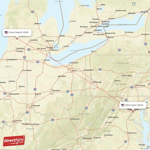 Washington - Grand Rapids direct flight map