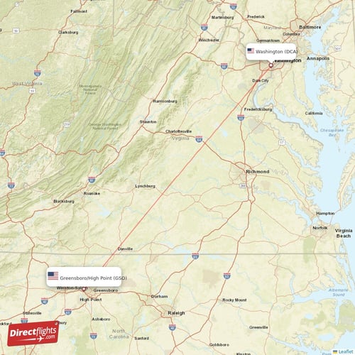 Washington - Greensboro/High Point direct flight map