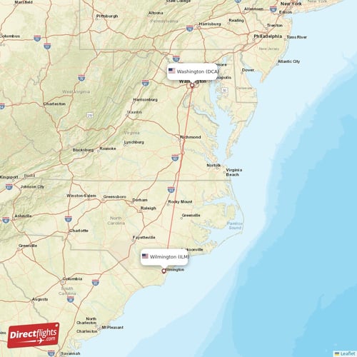 Washington - Wilmington direct flight map