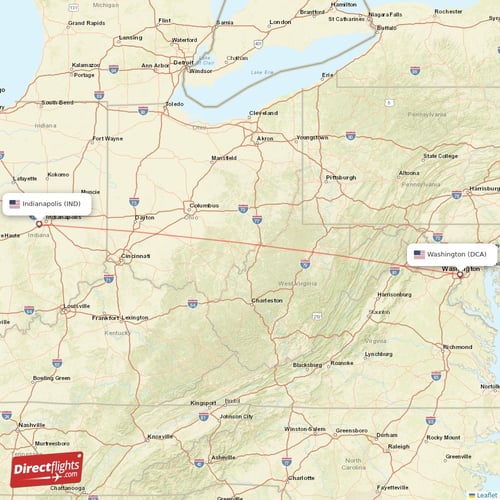 Washington - Indianapolis direct flight map