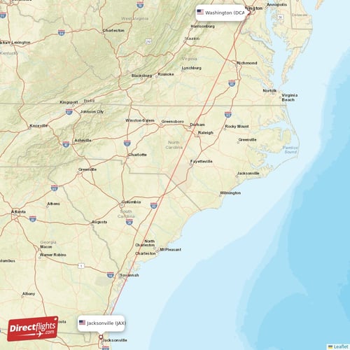 Washington - Jacksonville direct flight map
