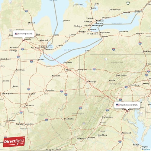 Washington - Lansing direct flight map
