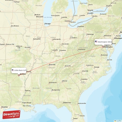 Washington - Little Rock direct flight map