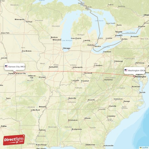 Washington - Kansas City direct flight map