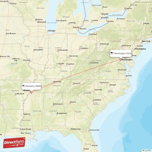 Washington - Memphis direct flight map