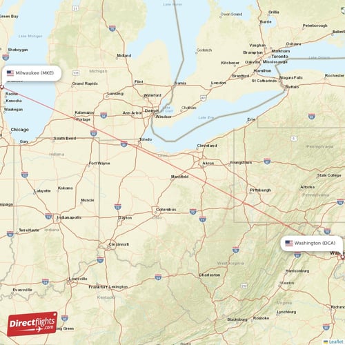 Washington - Milwaukee direct flight map
