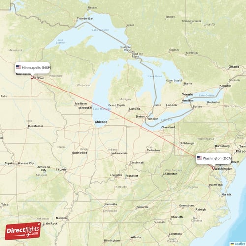 Washington - Minneapolis direct flight map