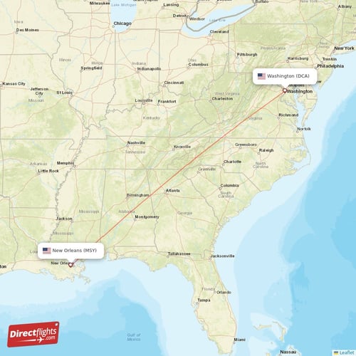 Washington - New Orleans direct flight map