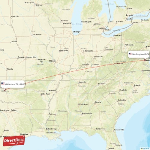 Washington - Oklahoma City direct flight map