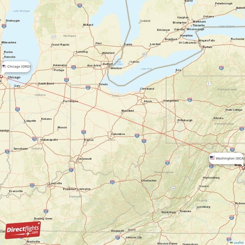 Washington - Chicago direct flight map