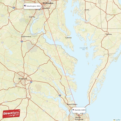 Washington - Norfolk direct flight map