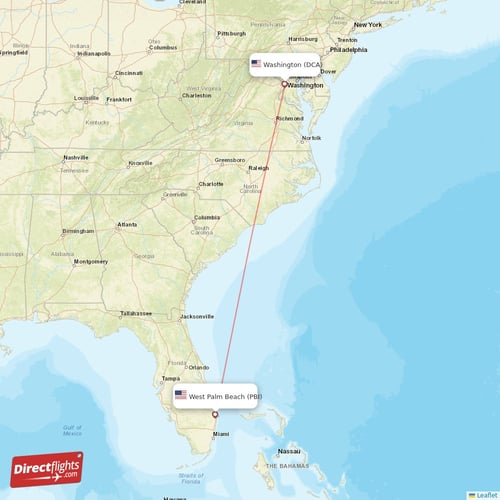 Washington - West Palm Beach direct flight map