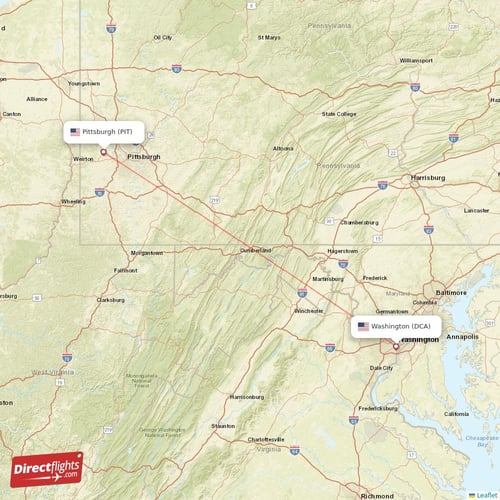 Washington - Pittsburgh direct flight map